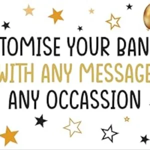 personalised birthday banner featuring a custom photo, name, and gold and black star graphics.