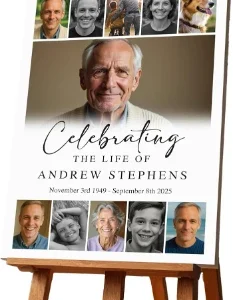 An elegant personalised funeral memorial sign board featuring a high-resolution photo and "In Loving Memory" text, displayed on a wooden easel.