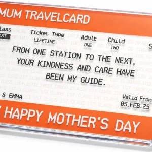 : A crystal-clear personalised acrylic Valentine's card designed like a classic train ticket with custom names, dates, and destinations.