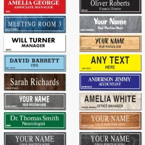 A sleek, personalised office name plate mounted on a wooden door, featuring professional custom text in a high-contrast colour.