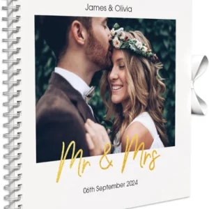 Use descriptions like "Personalized 30cm x 30cm wedding guest book with custom names and gold heart modern design."