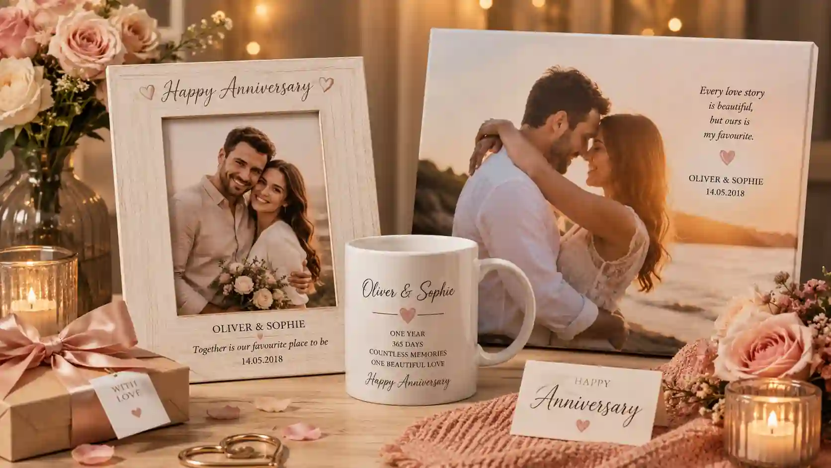 Personalised anniversary gifts for couples including photo frame, mug and canvas print