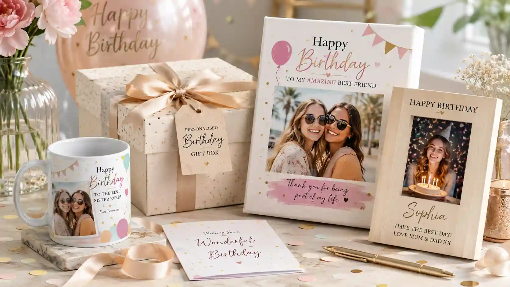 Personalised birthday gifts UK including photo mug, canvas print and birthday photo frame
