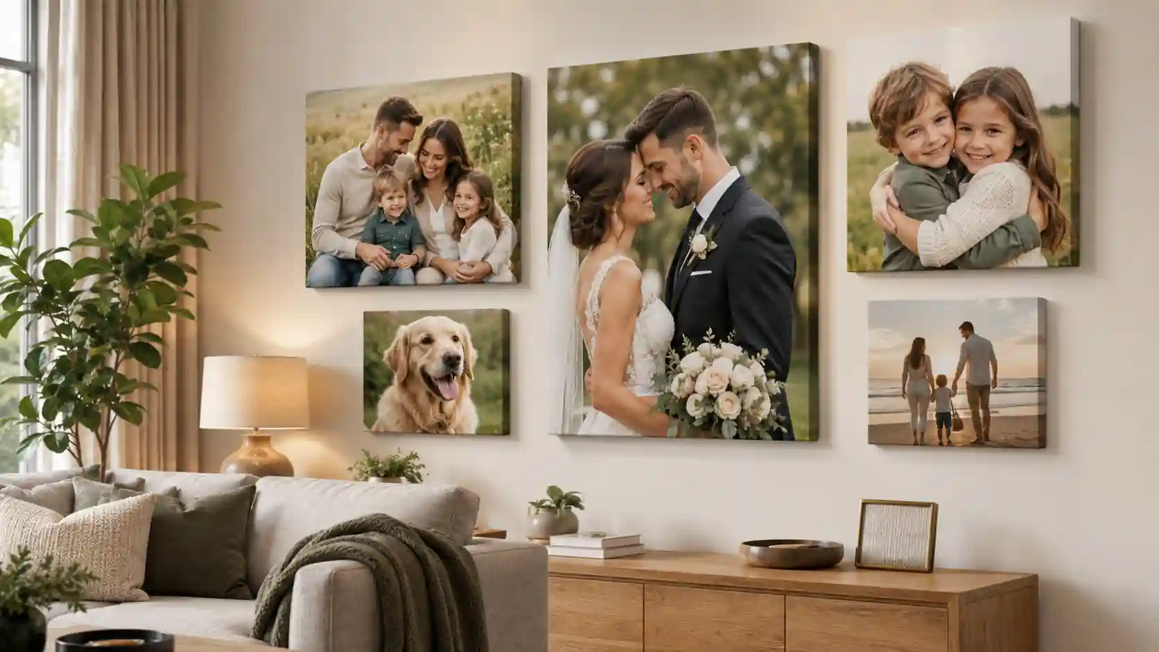 Personalised canvas prints UK displayed as custom photo wall art in a modern home
