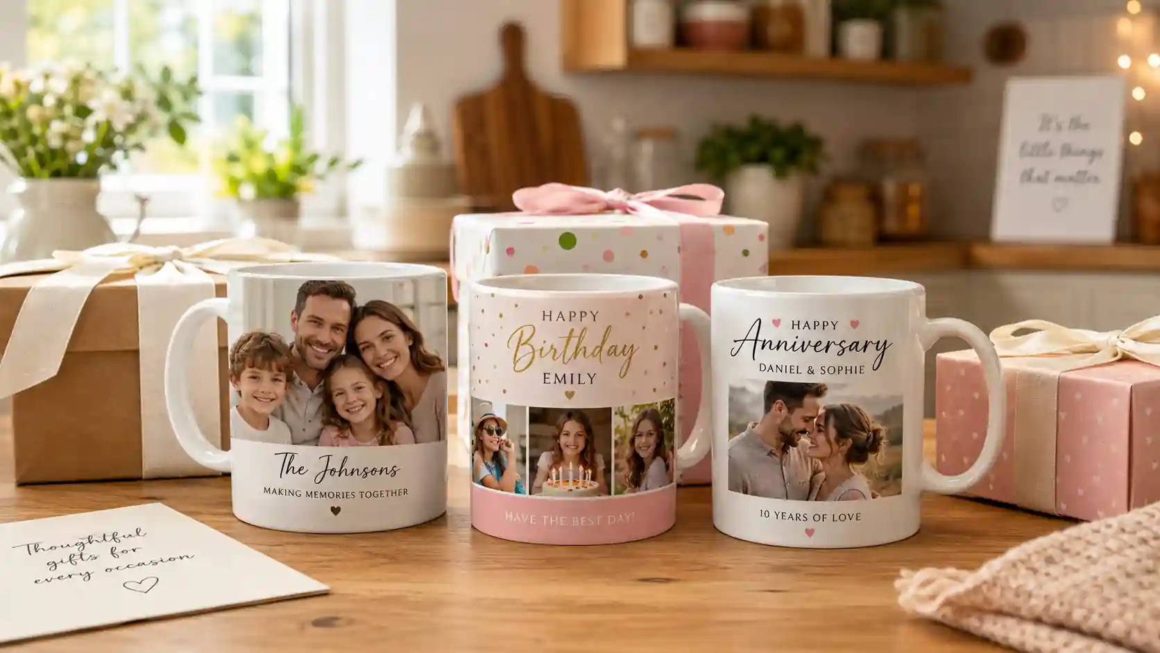 Personalised photo mugs UK with family photos, birthday designs and anniversary gift mugs